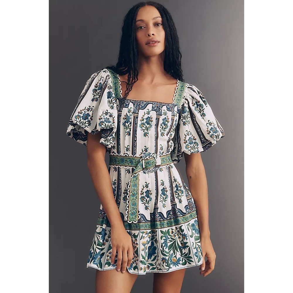 Farm Rio Manoela Puff-Sleeve Mini Dress Off-White Floral Belted Size L NWT